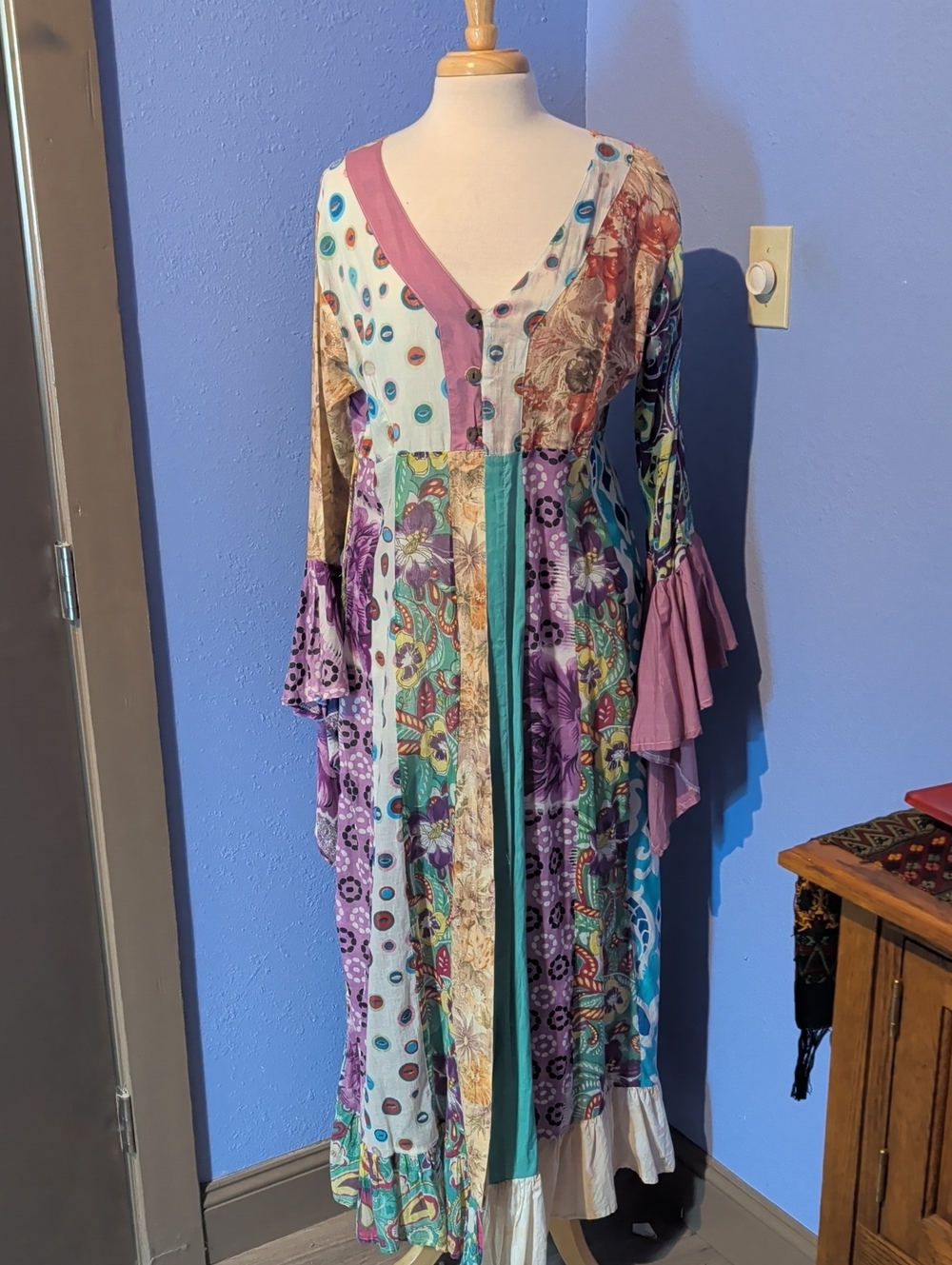 Jayli Japuri Patchwork Duster Bohemian Patchwork Maxi Dress in Purple and Teal